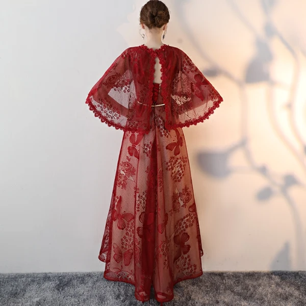 Chic / Belle Bordeaux Robe De Soirée Princesse 2018 Dentelle Impression Noeud Encolure Dégagée Avec Châle Manches Courtes Dos Nu Longue Robe De Ceremonie
