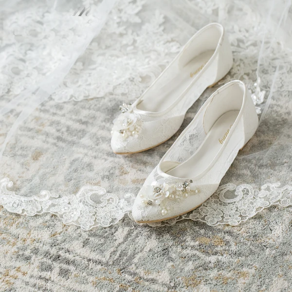 Elegante Weiß Brautschuhe 2019 Spitze Perle Strass Pailletten Spitzschuh Hochzeit High Heels