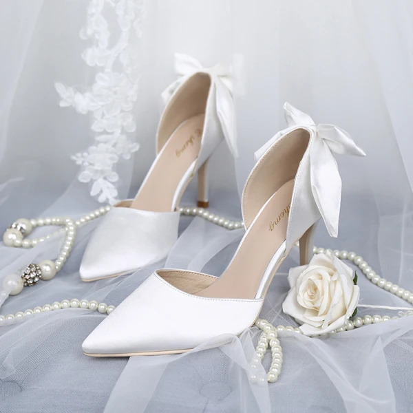 Eleganckie Białe Buty Ślubne 2019 Skórzany Satyna Kokarda 8 cm Szpilki Szpiczaste Ślub Czółenka