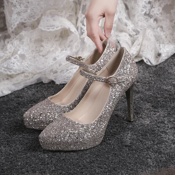 Sparkly Sølv Brudesko 2019 Paljetter Spenne 12 cm Stiletthæler Spisse Pumps