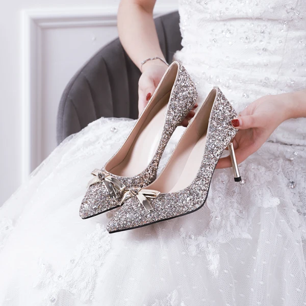 Scintillantes Argenté Chaussure De Mariée 2019 Paillettes Noeud 7 cm Talons Aiguilles À Bout Pointu Mariage Escarpins