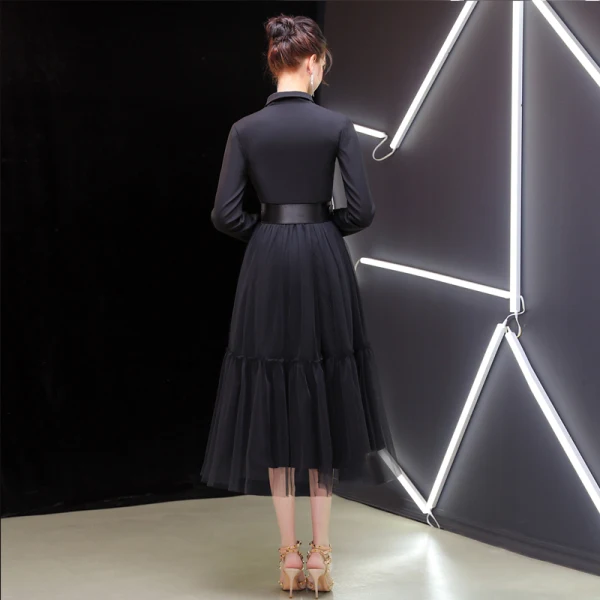Elegant Black Evening Dresses  2019 A-Line / Princess V-Neck Sash Long Sleeve Tea-length Formal Dresses