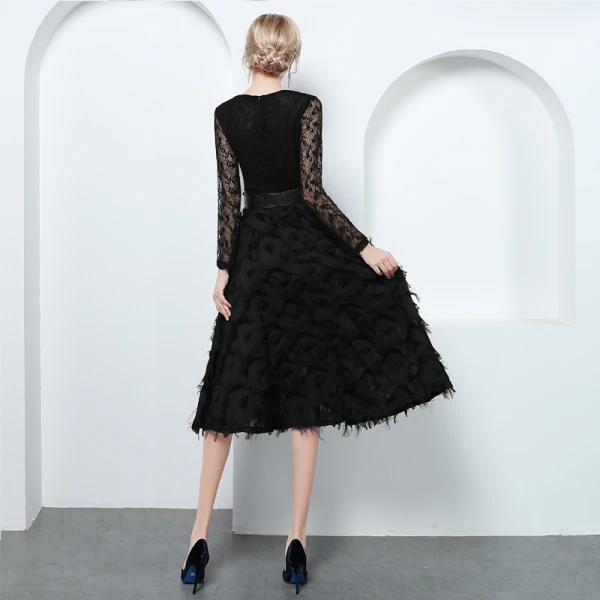 Elegant Black Evening Dresses  2019 A-Line / Princess V-Neck Lace Tassel Bow Long Sleeve Knee-Length Formal Dresses
