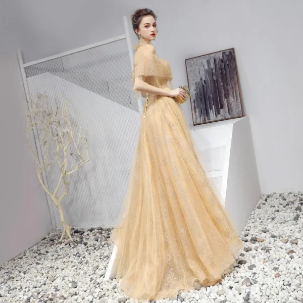 Chic / Beautiful Gold Prom Dresses 2019 A-Line / Princess Scoop Neck Sequins Crystal Short Sleeve Backless Floor-Length / Long Formal Dresses