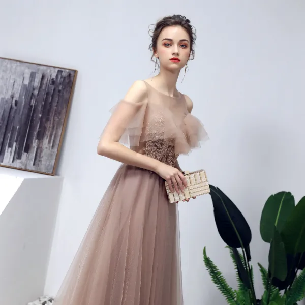 Élégant Robe De Bal 2019 Princesse Encolure Dégagée Perlage Paillettes En Dentelle Fleur Manches Courtes Dos Nu Longue Robe De Ceremonie