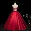 Elegant Burgundy Beading Appliques Satin Prom Dresses 2025 Ball Gown Off-The-Shoulder Short Sleeve Backless Floor-Length / Long Formal Dresses