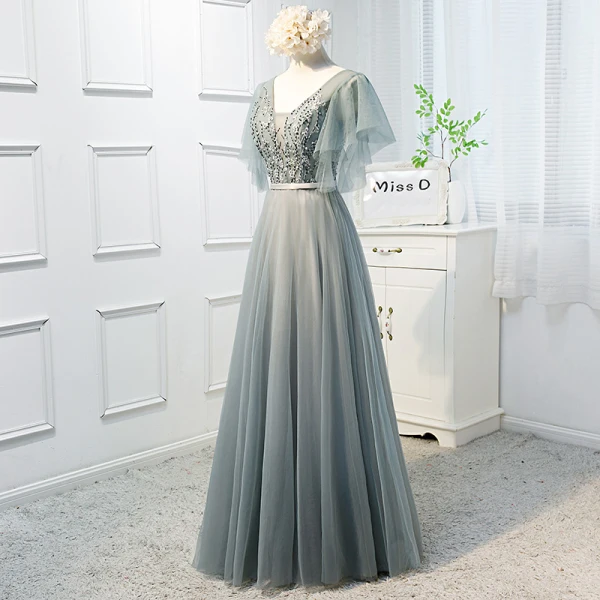 Chic / Beautiful Sage Green Prom Dresses 2019 A-Line / Princess V-Neck Beading Sequins Lace Flower Short Sleeve Backless Bow Floor-Length / Long Formal Dresses