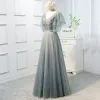 Chic / Beautiful Sage Green Prom Dresses 2019 A-Line / Princess V-Neck Beading Sequins Lace Flower Short Sleeve Backless Bow Floor-Length / Long Formal Dresses