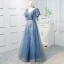 Chic / Beautiful Pool Blue Prom Dresses 2019 A-Line / Princess V-Neck Lace Short Sleeve Backless Bow Floor-Length / Long Formal Dresses