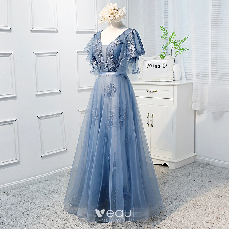 Chic Beautiful Pool Blue Prom Dresses 2019 A Line Princess V Neck Lace Short Sleeve Backless Bow Floor Length Long Formal Dresses