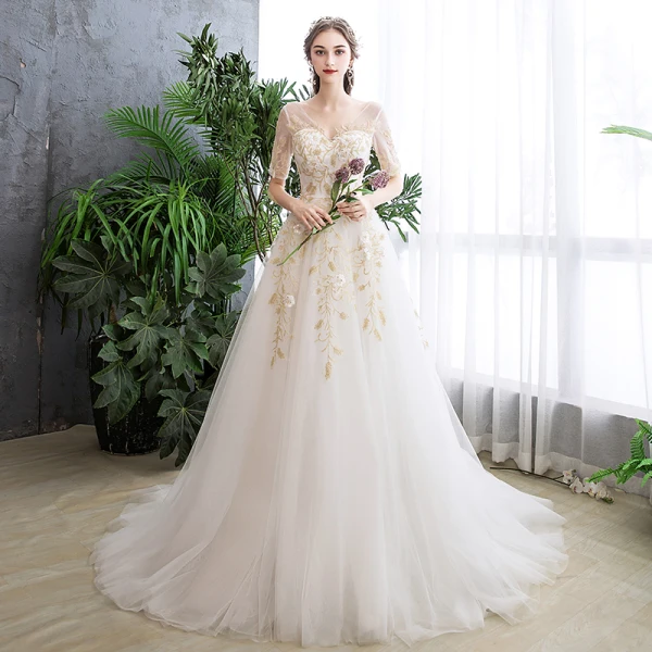 Abordable Ivoire Robe De Mariée 2019 Princesse V-Cou Paillettes En Dentelle Fleur Manches Courtes Dos Nu Train De Balayage