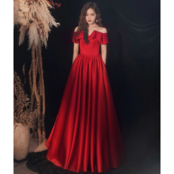 Chic / Belle Bordeaux Satin Robe De Bal 2021 Princesse De l'épaule Manches Courtes Dos Nu Longue Robe De Ceremonie