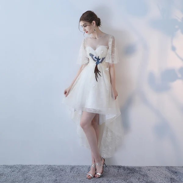 Elegant Grey A-Line / Princess Cocktail Dresses 2018 Lace Flower Scoop Neck Sleeveless Asymmetrical Formal Dresses