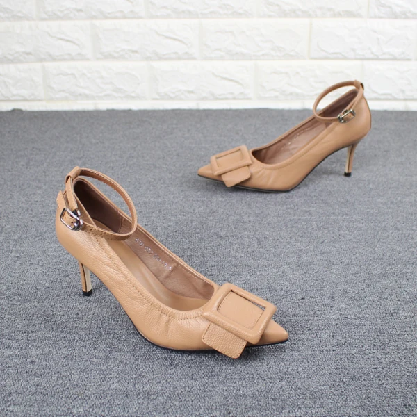 Fine Khaki Casual Damesko 2019 Lær Ankelstropp Spenne 7 cm Stiletthæler Spisse Pumps