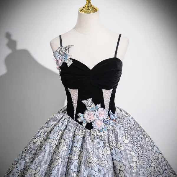Unusual Black Beading Lace Flower Printing Prom Dresses 2025 Ball Gown Spaghetti Straps Sleeveless Backless Floor-Length / Long Formal Dresses