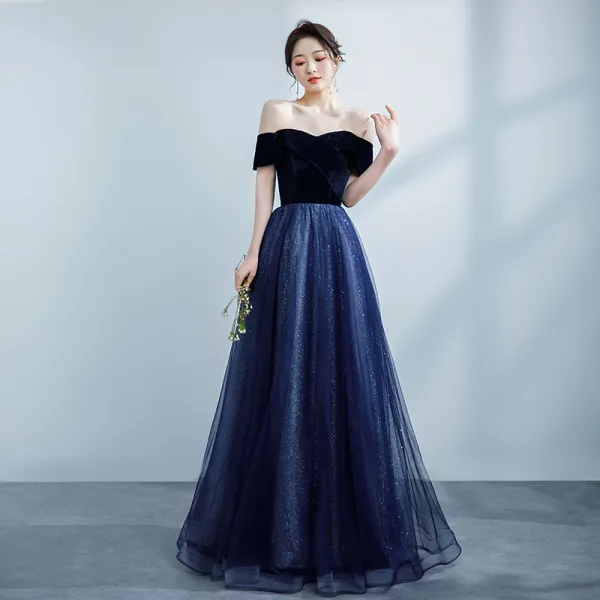 Modest / Simple Navy Blue Prom Dresses 2021 A-Line / Princess Suede Off ...