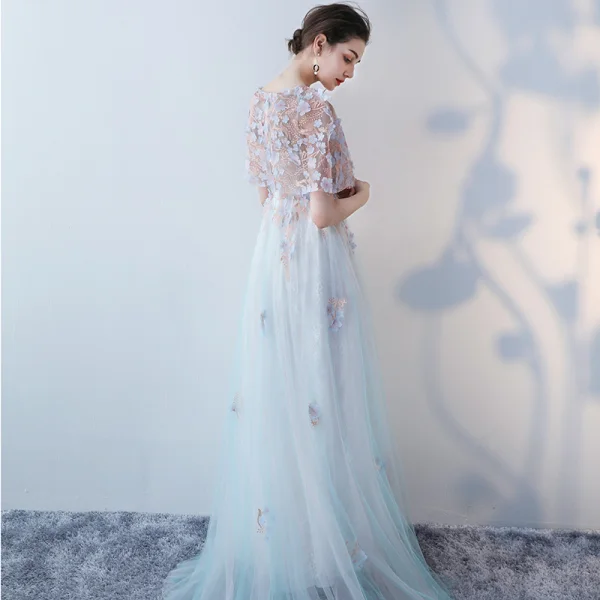 Élégant Été Bleu Robe De Soirée 2018 Princesse Appliques Paillettes Encolure Dégagée Manches Courtes Longue Robe De Ceremonie