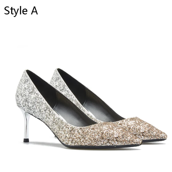Sparkly Silver Evening Party Pumps 2019 Leather Sequins 6 cm Stiletto Heels Pointed Toe Pumps