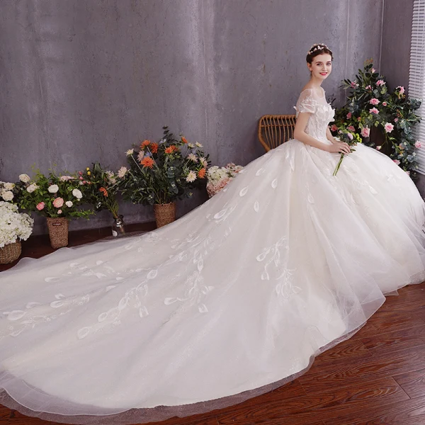 Charmant Ivoire Robe De Mariée 2019 Princesse Encolure Dégagée Perlage Appliques Manches Courtes Dos Nu Cathedral Train