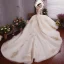 Charmant Champagner Brautkleider / Hochzeitskleider Ballkleid 2019 Tiefer V-Ausschnitt Perlenstickerei Quaste Perle Spitze Blumen Pailletten Kurze Ärmel Rückenfreies Königliche Schleppe