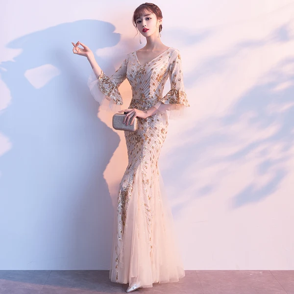 Charming Champagne Evening Dresses 2019 Trumpet / Mermaid V-Neck Sequins Bell sleeves Backless Floor-Length / Long Formal Dresses