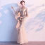 Charming Champagne Evening Dresses  2019 Trumpet / Mermaid V-Neck Sequins Bell sleeves Backless Floor-Length / Long Formal Dresses