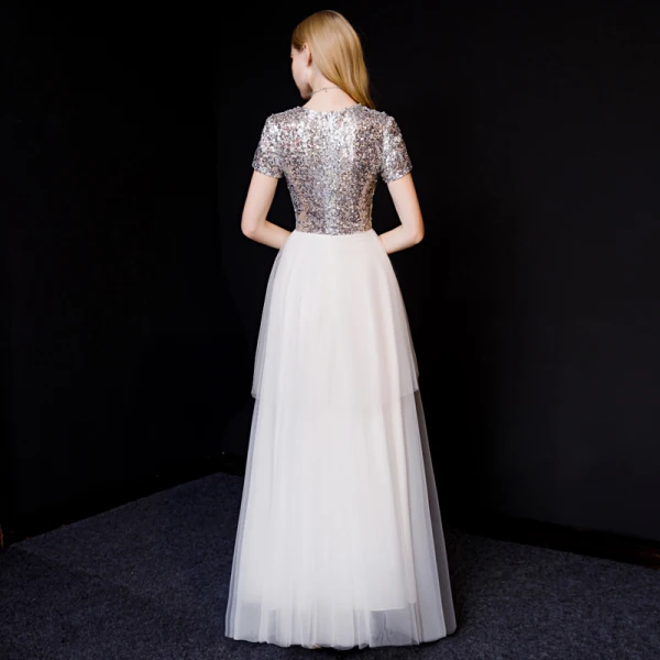Chic / Belle Blanche Robe De Soirée 2019 Princesse Encolure Dégagée Paillettes Manches Courtes Longue Robe De Ceremonie