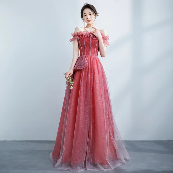 Edles Champagner Ballkleider 2021 A Linie Rüschen Off Shoulder Perlenstickerei Strass Ärmellos Rückenfreies Lange Festliche Kleider