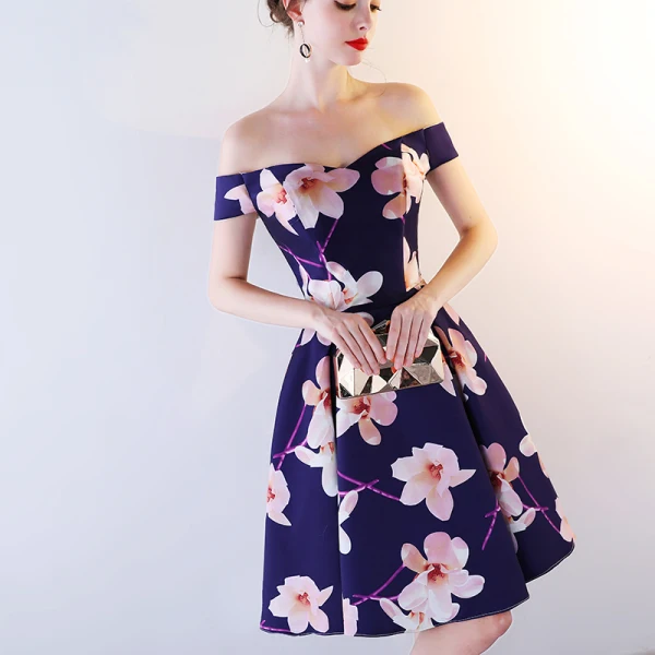 Chic / Beautiful Royal Blue Party Dresses 2018 A-Line / Princess Printing Off-The-Shoulder Backless Sleeveless Knee-Length Formal Dresses