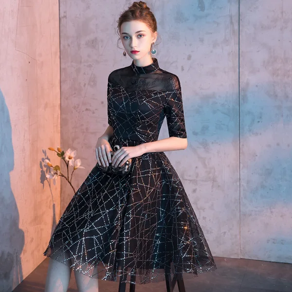Chic / Beautiful Black Homecoming Graduation Dresses 2019 A-Line / Princess High Neck 1/2 Sleeves Sequins Knee-Length Formal Dresses