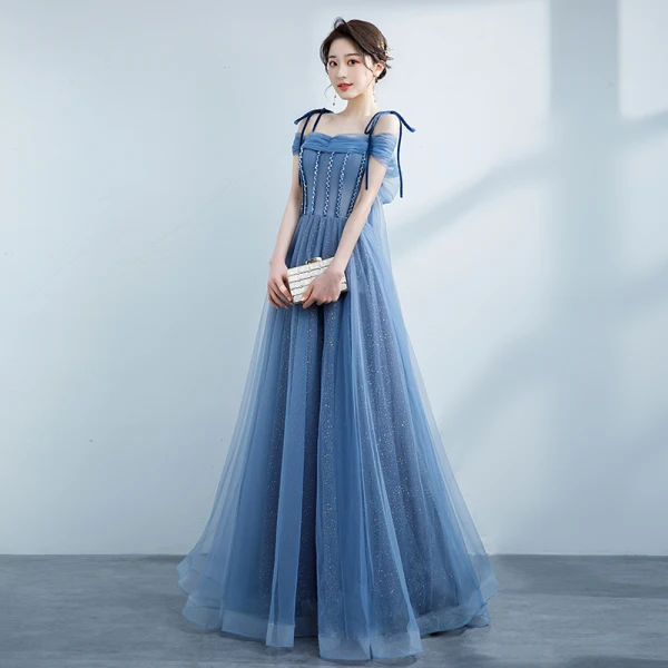 Chic / Belle Bleu Ciel Robe De Bal 2021 Princesse Bretelles Spaghetti Perlage Noeud Sans Manches Dos Nu Longue Robe De Ceremonie
