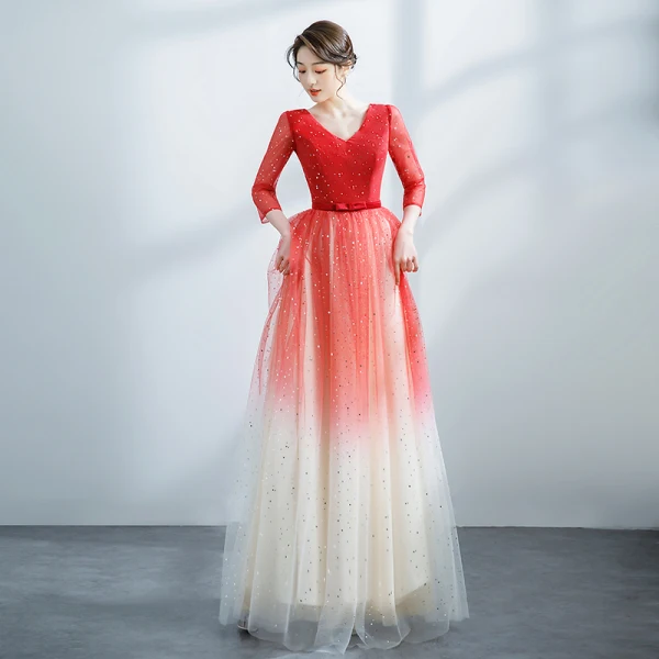 Fashion Red Gradient-Color Prom Dresses 2021 A-Line / Princess V-Neck Star Sequins 3/4 Sleeve Backless Floor-Length / Long Formal Dresses