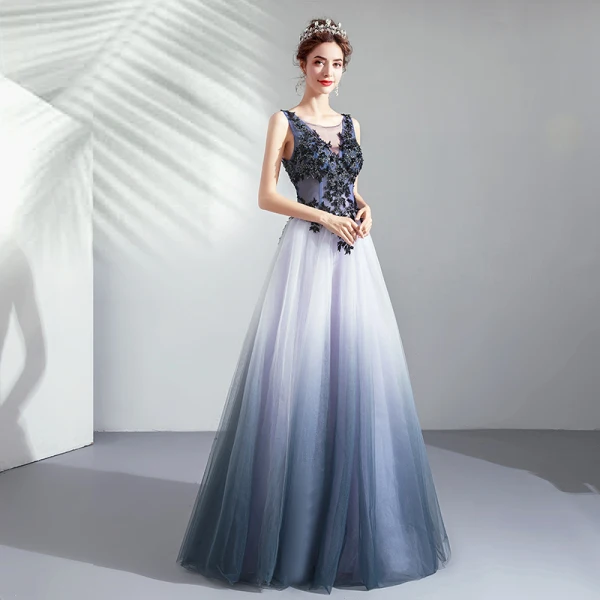 Élégant Dégradé De Couleur Robe De Soirée 2019 Princesse Encolure Dégagée Perlage Paillettes Perle Cristal En Dentelle Fleur Sans Manches Dos Nu Longue Robe De Ceremonie