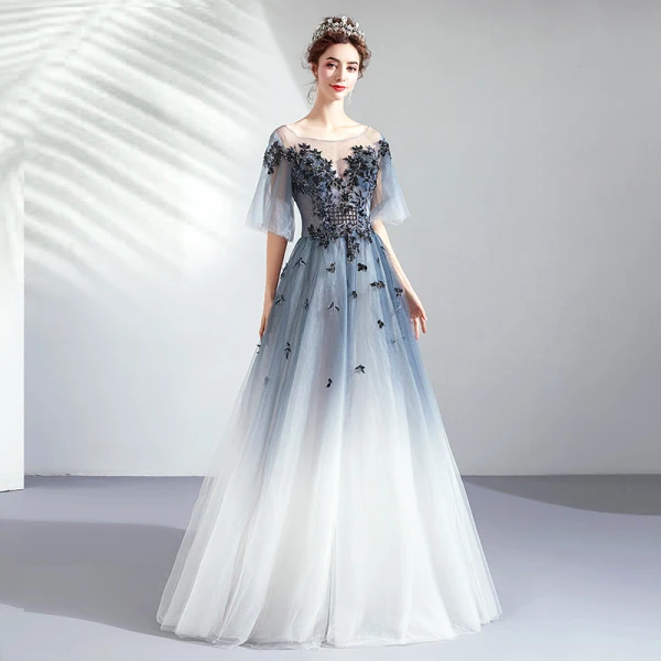 Elegant Gradient-Color Evening Dresses 2019 A-Line / Princess Scoop Neck Beading Pearl Lace Flower 1/2 Sleeves Backless Floor-Length / Long Formal Dresses