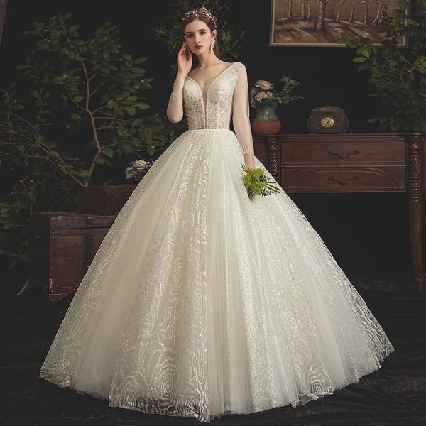 Élégant Champagne Robe De Mariée 2019 Princesse V-Cou Perlage En Dentelle Paillettes 3/4 Manches Dos Nu Longue
