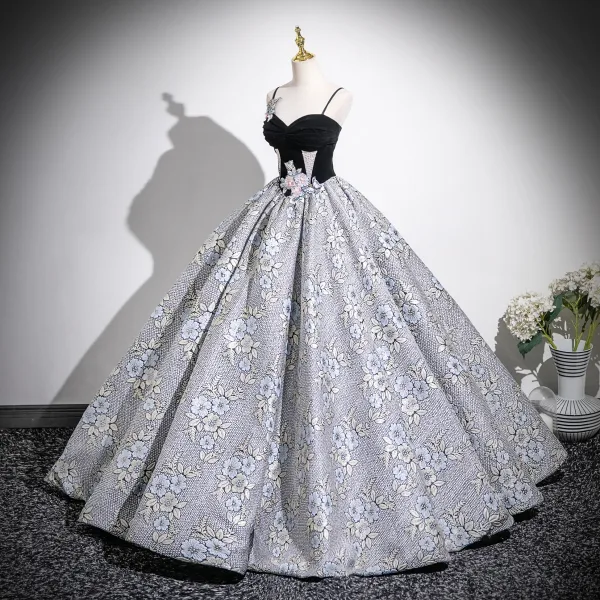 Unusual Black Beading Lace Flower Printing Prom Dresses 2025 Ball Gown Spaghetti Straps Sleeveless Backless Floor-Length / Long Formal Dresses
