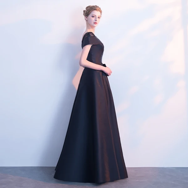 Modest / Simple Black Evening Dresses 2018 A-Line / Princess Beading Scoop Neck Backless Short Sleeve Floor-Length / Long Formal Dresses