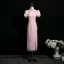 Chinese style Blushing Pink Beading Printing Evening Party Cheongsam 2025 A-Line / Princess High Neck Short Sleeve Tea-length
