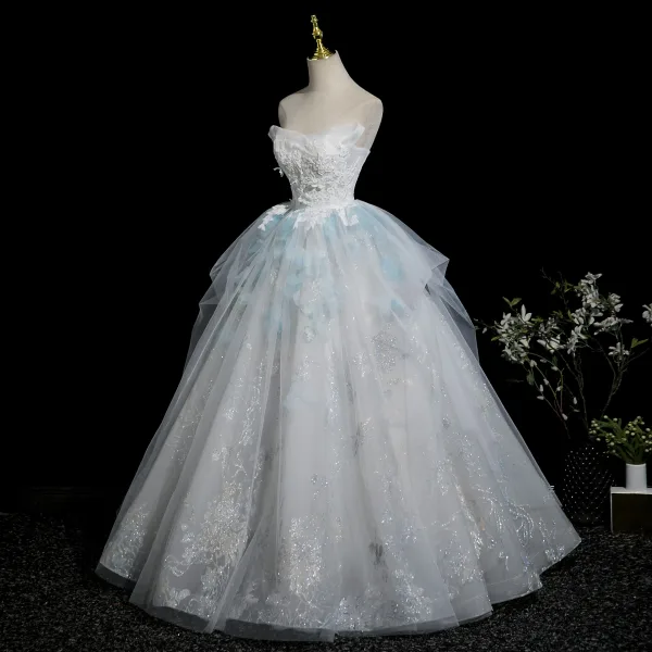 Chic / Beautiful Sky Blue Glitter Lace Flower Appliques Prom Dresses 2025 Ball Gown Strapless Sleeveless Backless Floor-Length / Long Formal Dresses