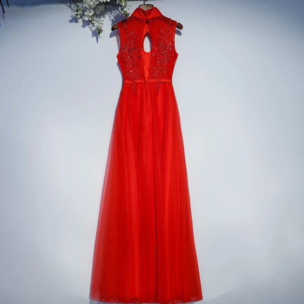 Chic / Belle Rouge Robe De Ceremonie Robe De Soirée 2017 En Dentelle Fleur Paillettes Dos Nu Col Haut Sans Manches Longue Princesse