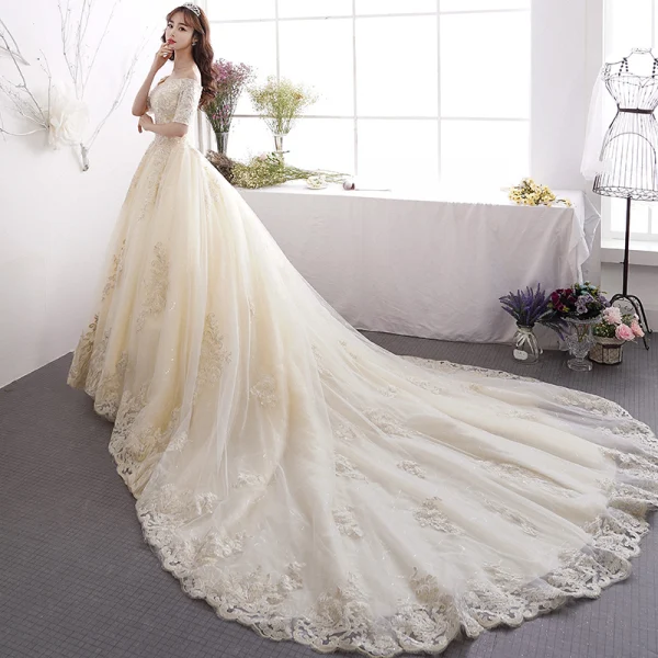 Charming Champagne Wedding Dresses 2019 A-Line / Princess Off-The-Shoulder Sequins Pearl Lace Flower Short Sleeve Cathedral Train