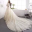 Charming Champagne Wedding Dresses 2019 A-Line / Princess Off-The-Shoulder Sequins Pearl Lace Flower Short Sleeve Cathedral Train