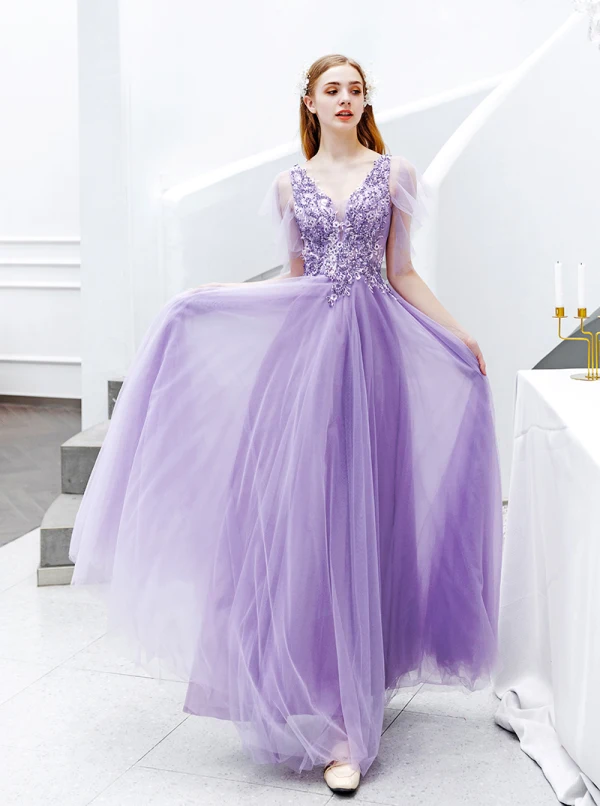 Élégant Lavande Robe De Soirée 2019 Princesse V-Cou Perlage Cristal En Dentelle Fleur Manches Courtes Dos Nu Longue Robe De Ceremonie