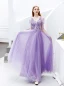 Élégant Lavande Robe De Soirée 2019 Princesse V-Cou Perlage Cristal En Dentelle Fleur Manches Courtes Dos Nu Longue Robe De Ceremonie