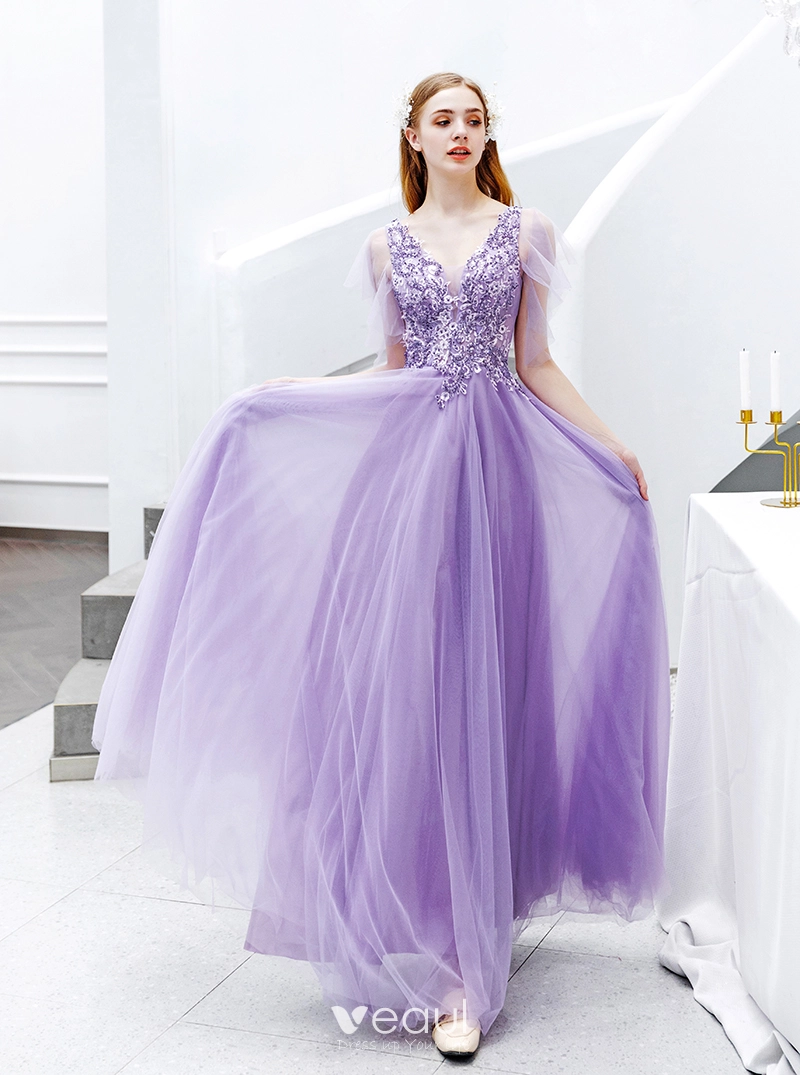 Elegant Lavender Evening Dresses 2019 A Line Princess V Neck Beading Crystal Lace Flower Short Sleeve Backless Floor Length Long Formal Dresses