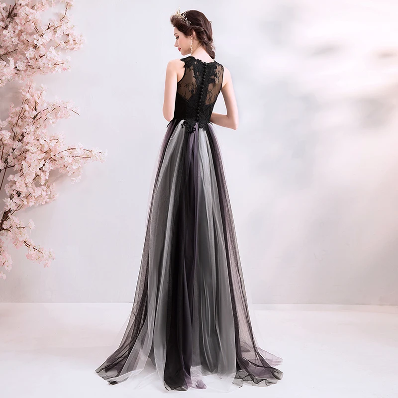 Chic Beautiful Black Evening Dresses 2019 A-Line Princess V-Neck Lace Flower Buttons