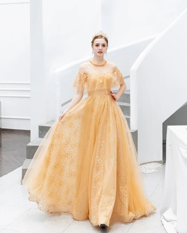 Charming Gold Evening Dresses 2019 A-Line / Princess Scoop Neck Beading Crystal Sequins Lace Flower Short Sleeve Backless Floor-Length / Long Formal Dresses