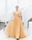 Charming Gold Evening Dresses  2019 A-Line / Princess Scoop Neck Beading Crystal Sequins Lace Flower Short Sleeve Backless Floor-Length / Long Formal Dresses