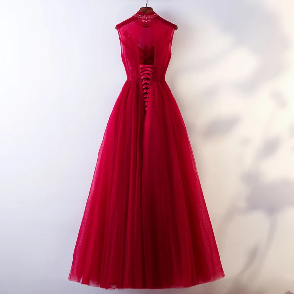 Chic / Belle Bordeaux Robe De Soirée 2018 Princesse Perlage Cristal Encolure Dégagée Dos Nu Sans Manches Longue Robe De Ceremonie