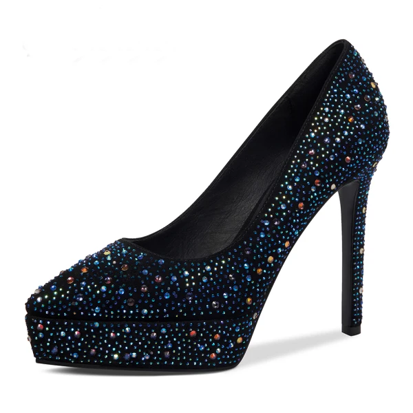 Schöne Schwarz Abend Pumps 2019 Leder Strass 13 cm Stilettos Spitzschuh Pumps